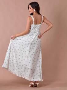 Enchnt Vestido maxi de princesa con estampado floral blanco, volantes y lazos en los tirantes para mujer, romántico de verano - Multicolor - Ver 7