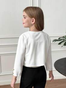 SHEIN Serisse Kids Chaqueta de punto corta de color blanco sólido con botones metálicos, de estilo informal y de diario para niña preadolescente - Blanco - Ver 9