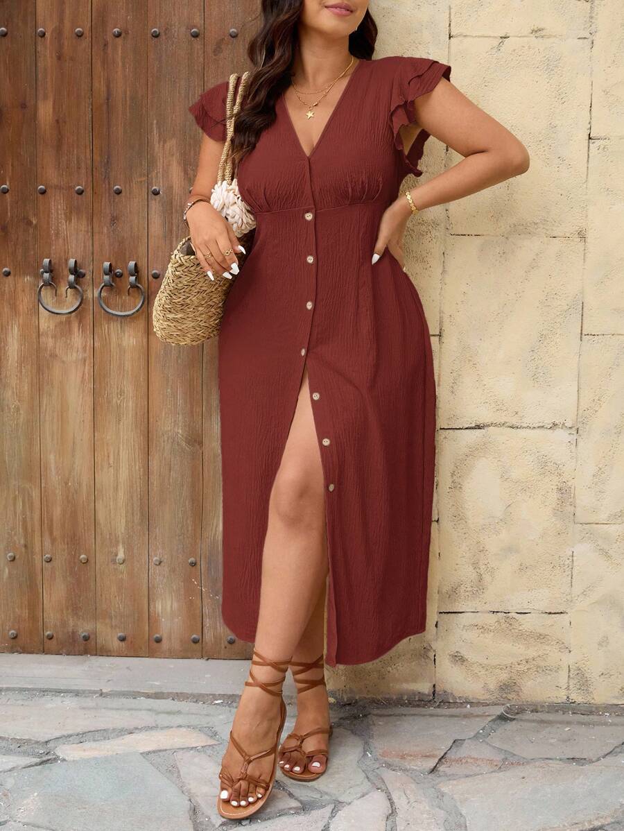 SHEIN Frenchy 大码优雅V领双层盖袖度假连衣裙 - 棕色 - 查看 1