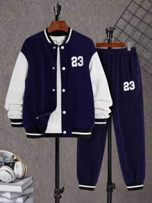 Tween Boys Navy Blue Baseball Jacket,Hoodie & Pants Set,Casual Back-To-School Uniform,Soft Fabric Comfortable Autumn Stylish Outfit For School Wear - Blue - View 2