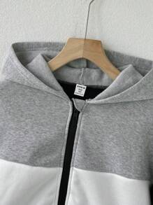 男童休闲学院风拼布撞色连帽夹克，适合日常上学、旅行、运动穿着 - 彩色 - 查看 3