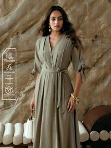 SHEIN LUNE Women's Elegant Summer Olive Green Pleated Waist A-Line Maxi Dress,Holiday Tea Party Vacation Outfits,Old Money Style Modest Office Work Church Dress - Green - View 1
