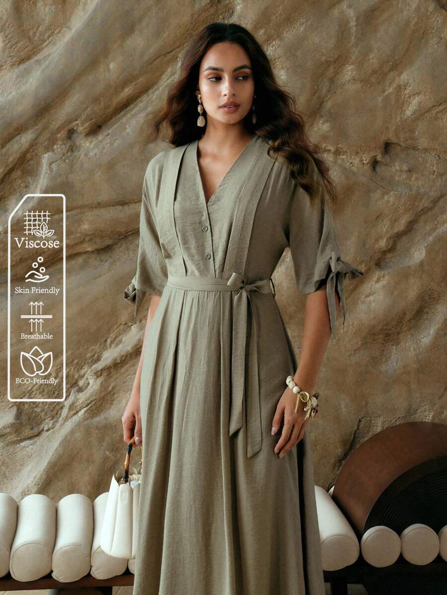 SHEIN LUNE Women's Elegant Summer Olive Green Pleated Waist A-Line Maxi Dress,Holiday Tea Party Vacation Outfits,Old Money Style Modest Office Work Church Dress - Green - View 1