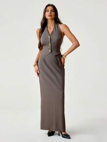 SHEIN Tall Women's Solid Color Halter Backless Tank Top And Mini Skirt Elegant Suit Set Autumn Winter Clothes For Women, Tall Women - Mocha Brown - View 3