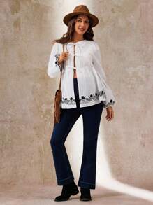 Boho Mama 孕妇花卉刺绣系带休闲度假长袖衬衫 - 黑與白 - 查看 6