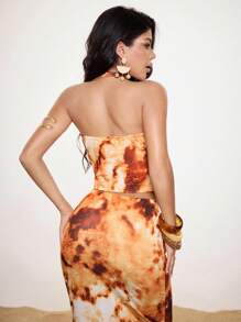 Shutterstock Women Sleeveless Top With Flame Print Suitable For Summer Tie Dye Orange Halter Top Y2K 2000s Cute Top Back To School Club Outfits Women Sexy Date Night Outfits Women - Yellow - View 2