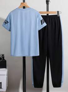 SHEIN 2-Pack Tween Boy Casual Light Blue Sports Set,Summer Streetwear Back-To-School Outfit With Pattern Splicing T-Shirt And Trousers For School Kids - Blue - View 4
