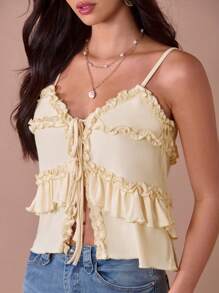 Enchnt Summer Women's Pale Yellow Elegant Ruffle Hem Bowknot Front Camisole,Sweet Fashionable Tops For Vacation,Date,Tea Party,Wedding Guest&Graduation - Apricot - View 3