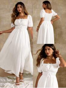 Flirla Plus Size French Romantic Square Neck Bowknot Lantern Sleeve Long Dress, Summer White Maxi Dress White Boho Dress White Square Neck Dress Puff Sleeve White Dress Lace Up White Dress