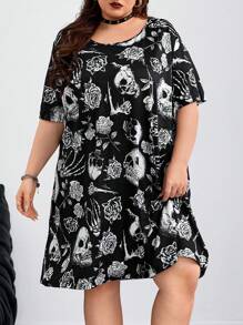 SHEIN CURVE+ Curve 大码/秋装/秋季女装/女冬装/冬装大码休闲简约骷髅印花大码短袖连衣裙，黑白骷髅图案万圣节连衣裙大码骷髅连衣裙大码哥特连衣裙骷髅玫瑰连衣裙哥特式连衣裙大码巫术大码连衣裙秋季女装，冬季，CURVE PLUS