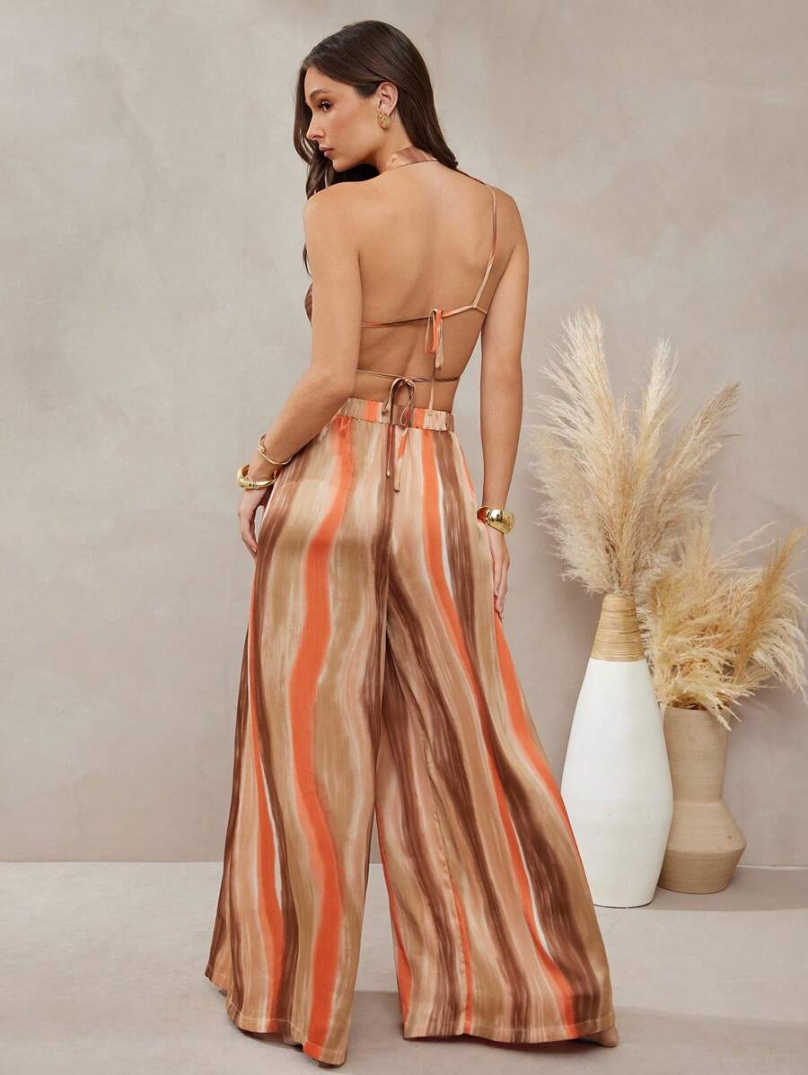 L'Amorae Women Abstract Satin Printed Wide Leg Pleated Pants, Summer Boho Back To School, Vacation