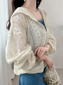 FRIFUL 女士连帽落肩长袖拉链下摆蕾丝透视宽松休闲常规外套，适合外出、机场旅行、度假等场合。 - 白色 - 查看 1