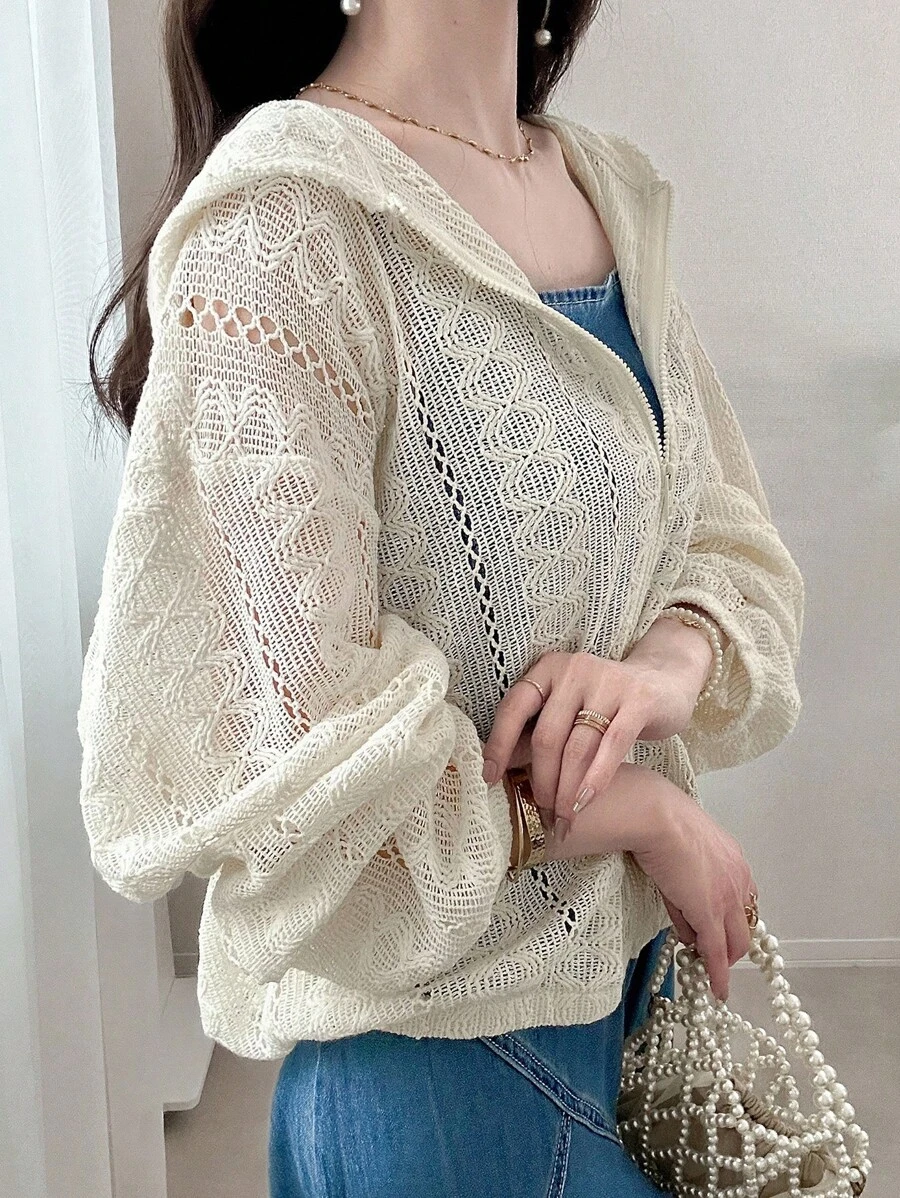 FRIFUL 女士连帽落肩长袖拉链下摆蕾丝透视宽松休闲常规外套，适合外出、机场旅行、度假等场合。 - 白色 - 查看 1