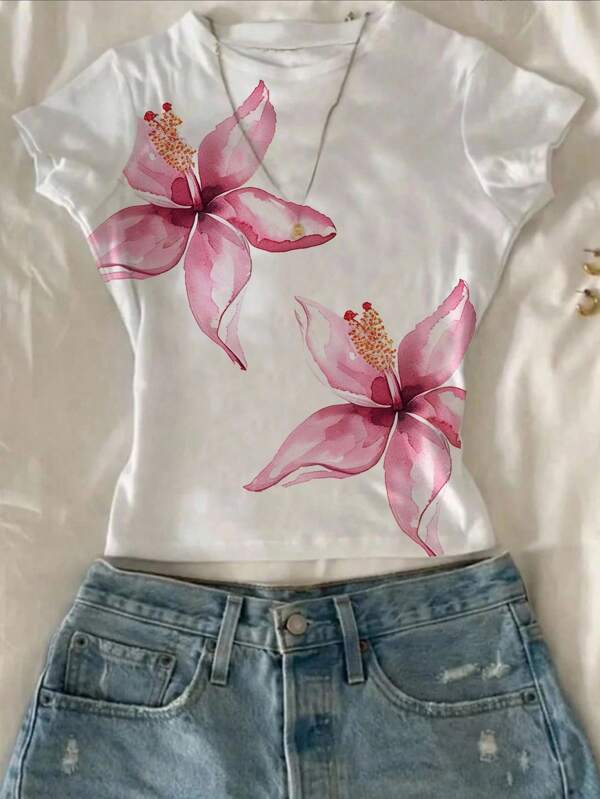 Attitoon Women's Casual Floral Print Crew Neck Short Sleeve Fitted T-Shirt, Suitable For Summer Vacation Floral Top Suitable For Going Out