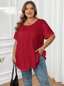 SHEIN CURVE+ 女士加大码秋冬休闲宽松纯色短袖T恤，舒适简约，适合日常穿着和假日穿着。 - 酒紅色 - 查看 6