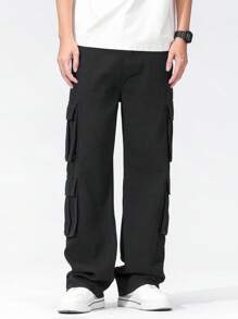 Teen Boy Casual Black Straight Leg Cargo Jeans Thanksgiving , School, Campus, College Chic For Autumn/Winter Fall - Black - View 6