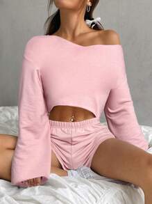 SHEIN 青少年女孩两件套 - 纯色长袖套头连帽衫和松紧腰短裤 - 粉色 - 查看 4