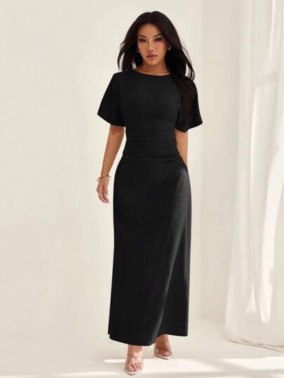 SHEIN PETITE Women's Summer Solid Color Linen Blend Casual Elegant Dress, Elegant Black Dress,Black Dresses Classy Elegant