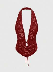 ROMWE Grunge Punk Áo ba lỗ vải họa tiết cổ xếp nếp gợi cảm phong cách đường phố Y2K dành cho nữ - Màu Đỏ Sâu - Xem 1