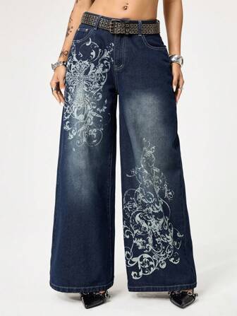 Grunge Punk Oversized Street Grunge Distressed Vintage Cross & Vine Print Loose Fit Women Jeans