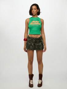 SUMWON WOMEN Aloha Buddies Tropical Print Ribbed Tank Top Sleeveless Crop Summer Vacation Beach Hawaiian Palm Tree Y2K Streetwear Top - Green - View 3