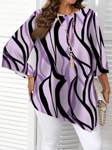 EMERY ROSE Plus Size Multicolor Tunic Blouse With Asymmetrical Hem For Casual Wear,Fall Clothes For Women Chic Blouses For Women - Multicolor - View 4