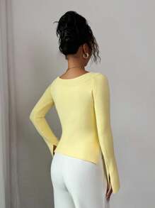 Selianne Off Shoulder Cutout Sleeve Slit Hem Versatile Mustard Yellow Knit Sweater Top, Suitable For Spring, Autumn, Winter Knit Pullover Fall - Butter Yellow - View 2
