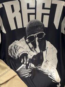 SHEIN 2pcs Tween Boy Loose Fit Portrait Graphic Round Neck T-Shirt And Contrast Trim Cargo Shorts Set, Comfortable Casual Suitable For Summer Vacation, Hanging Out, School, Fashion Street Style , Streetwear, Graphic Tee, Hip Hop Tee