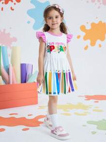 CoComelon X SHEIN Robe à volants style A avec imprimé de jeune fille mignonne de style décontracté blanc adorable et pinceau, crayon. Convient pour le printemps/l'été et les activités en plein air