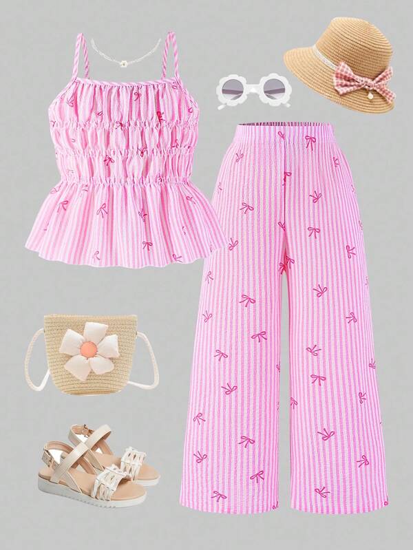 Young Girl' Cute Striped Bowknot Allover Print Camisole Top And Wide Leg Pants 2-Piece Set, Summer Summer Clothes Set Girls Outfit Sets Vacation Pink Striped Bow Outfit
