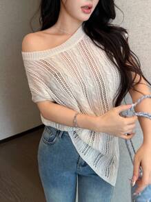 Celisse Spring/Summer Round Neck Asymmetrical Crochet Sleeveless Knitted Cardigan For Women - Apricot - View 5