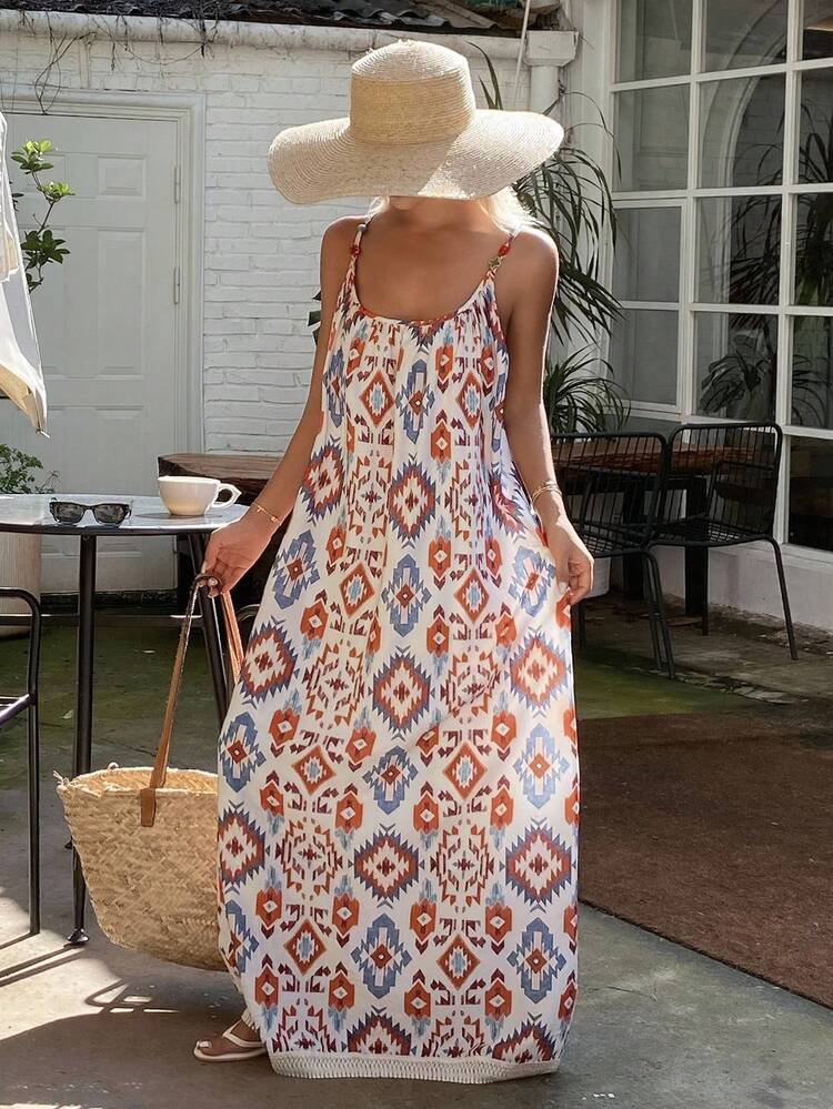 French Elegant Spaghetti Strap Dress, Casual High-End Holiday Summer Long Dress For Women Cruise Outfit For Women Boho Vacation Outfits Women
