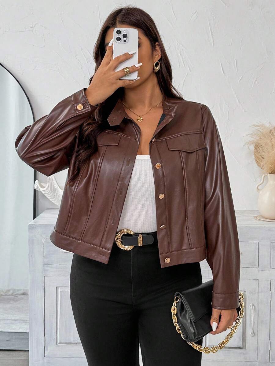 Vionelle 加大码女式法式浪漫西西里优雅休闲通勤度假下午茶派对纯色立领前开金属按扣装饰口袋翻盖侧袋长袖短款夹克 - 棕色 - 查看 1