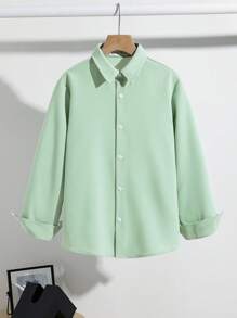 SHEIN Áo sơ mi dài tay màu trơn thường ngày cho bé trai tuổi mới lớn, mùa xuân và mùa thu - Màu xanh Bạc hà - Xem 4
