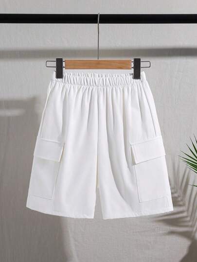 SHEIN Tween Boys Casual Cool Flap Pocket Cargo Shorts Kids White Shorts, White Casual Shorts, Summer Shorts