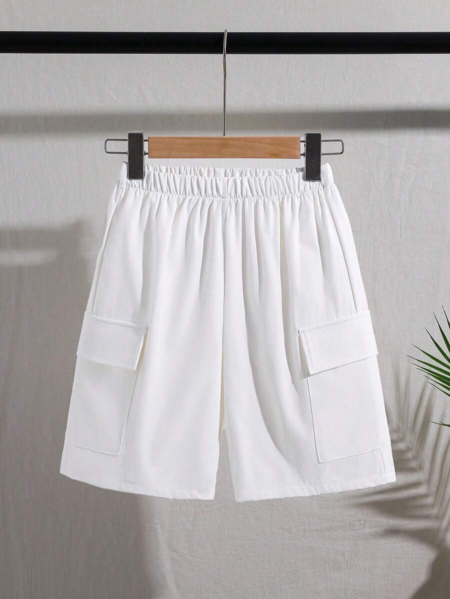 SHEIN Pantalones cortos cargo informales y frescos con bolsillo de solapa para niños preadolescentes - Blanco - Ver 1