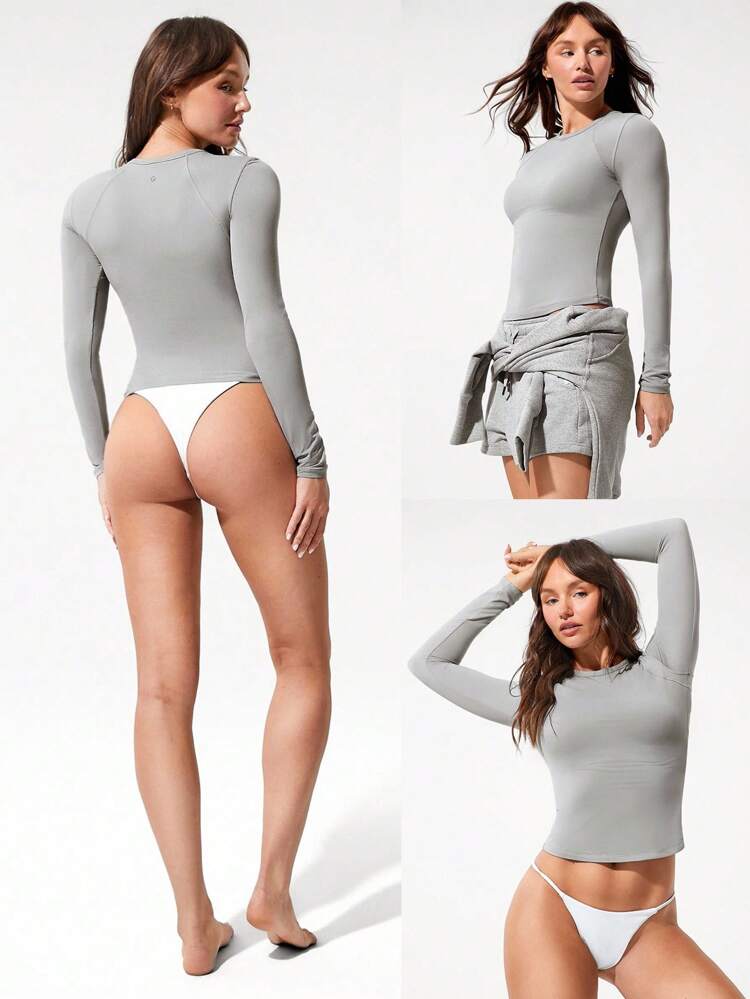 Shine Bright Soft Stretchy Breathable Slim Fit Hip Length Crewneck Long-Sleeve Top Daily Casual Wear