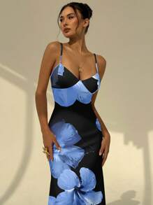 Aloruh 女士无袖系带修身度假蓝色花卉性感印花连衣裙，夏威夷花卉连衣裙，海滩、度假、派对、优雅约会、春假 - 彩色 - 查看 4