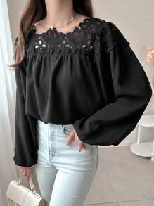 FRIFUL Women's Black Contrast Lace Gathered Cuff Loose Casual Versatile Blouse, Autumn Long Sleeve Top