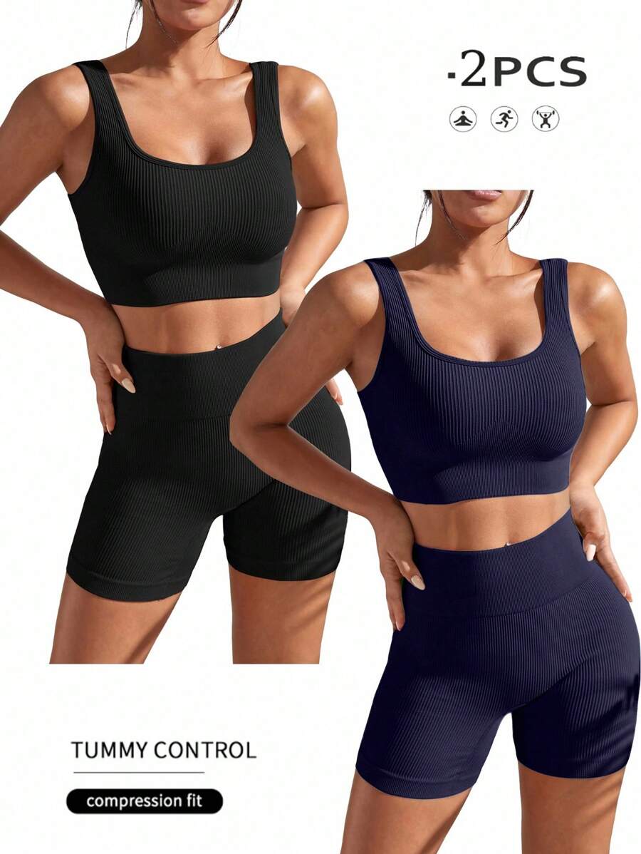 Slayform 2 件套女式纯色罗纹背心和短裤无缝运动套装女士健身套装 - 彩色 - 查看 1