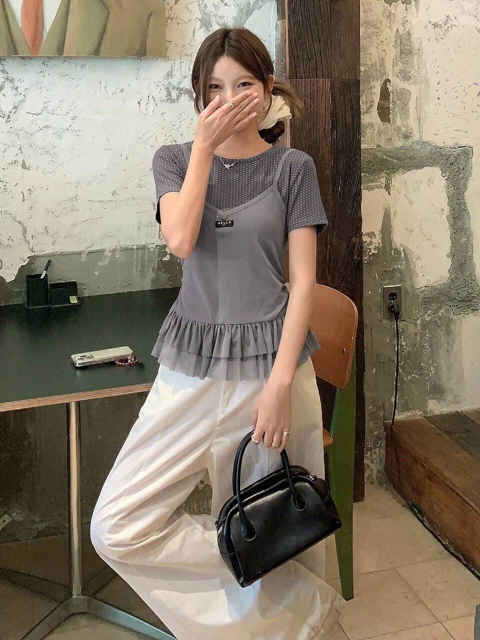 Women's Polka Dot Print Ruffle Hem 2 In 1 Short Sleeve Stylish T-Shirt