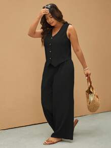 Elaquor 大码夏季通勤V领背心和直筒裤套装