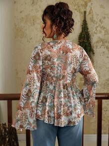 SHEIN VCAY 大码女式前系带印花喇叭袖上衣，秋季休闲衬衫 - 彩色 - 查看 3