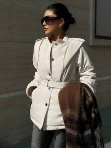 DAZY 女士白色精致优雅束腰中长款厚棉袄，成熟淑女风冬季外套 - 白色 - 查看 6