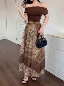 DAZY 女士两件套：宽松领口上衣和半裙，休闲露肩上衣 - 彩色 - 查看 7