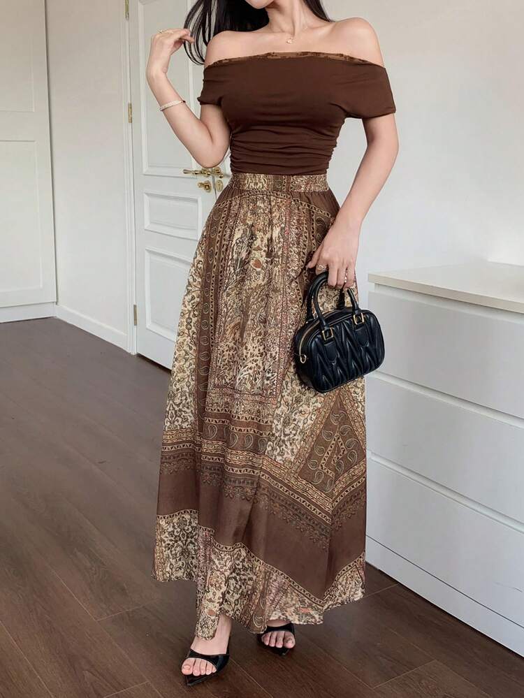 Women 2 Pieces Set: Loose Neckline Top And Skirt, Casual Off Shoulder Top