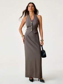 SHEIN Tall Women's Solid Color Halter Backless Tank Top And Mini Skirt Elegant Suit Set Autumn Winter Clothes For Women, Tall Women - Mocha Brown - View 5