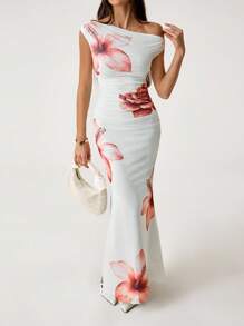SHEIN Tall Women's Floral Print Elegant Asymmetrical Neck Ruched Vacation Bodycon Dress White Dress - White - View 1