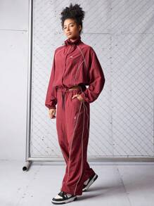 SHEIN Sports Bộ đồ thể thao tập luyện dáng rộng tay Raglan và quần cạp rút cho nữ - Màu Đỏ Sâu - Xem 3
