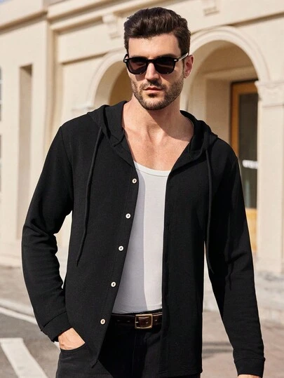 Manfinity NXTstreet 男士纹理连帽夹克，适合日常穿着连帽男士休闲夹克纽扣连帽轻便长袖休闲装男士连帽夹克，男士夏季夹克，长袖男士连帽男士轻便夹克男士休闲夹克纽扣连帽衫男士长袖连帽夹克，秋季，冬季